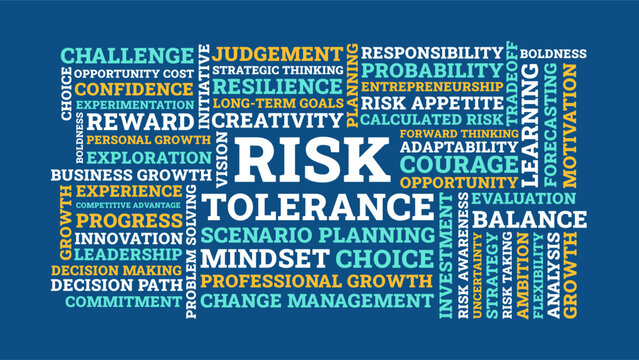 Risk tolerance word cloud business mindset and investment strategy concept. Risk tolerance typography design