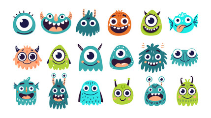Collection of cute funny monster characters in bright flat vector style. Perfect for kids designs, stickers, games, apps, education, Halloween themes, emojis, posters, branding  © Kseniya