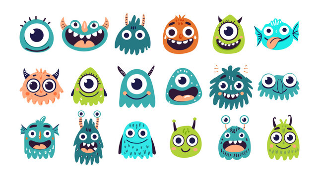 Collection of cute funny monster characters in bright flat vector style. Perfect for kids designs, stickers, games, apps, education, Halloween themes, emojis, posters, branding 
