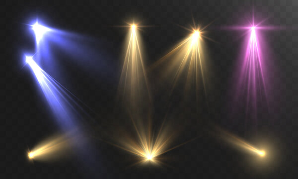 Bright blue, golden and purple stage spotlights with volumetric light beams, lens flares and glowing haze on transparent background. Perfect for concert stage, theater lighting, music show, DJ.