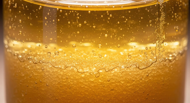 Macro view of golden honey slowly crystallizing inside a glass jar