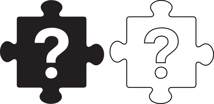 Set of vector icons featuring a puzzle piece with a question mark to represent a problem, mystery or missing solution, designed in solid black silhouette and linear outline art styles.