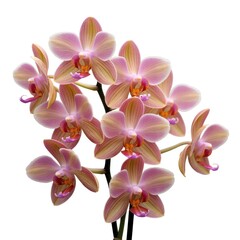 Close-up of a vibrant pink and yellow orchid flower branch on a white background
