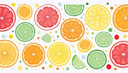 watercolor citrus fruit slices and dots on a white background