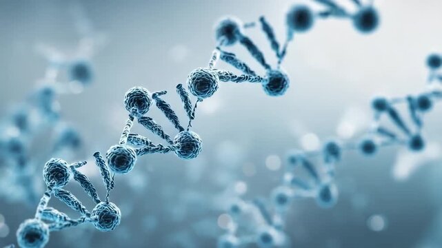 Blue dna molecules on a blurred blue background with bokeh effect