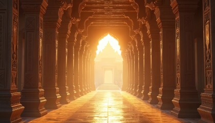 Fototapeta na wymiar Golden sun illuminates ornate pillars and arched hallway of ancient temple. Pathway leads to bright sanctuary. Mystical interior architecture invites peaceful contemplation and spiritual journey.