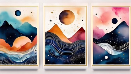 abstract watercolor landscape art prints with mountains and celestial bodies