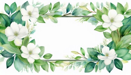 watercolor floral frame with green leaves and delicate white flowers