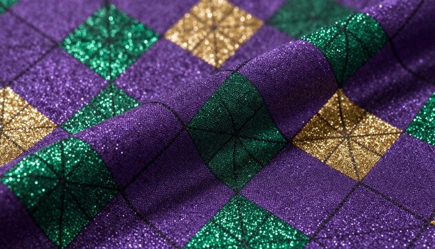 Glittering diamond pattern fabric with purple, green, gold sequins, ideal for a Mardi Gras celebration or festive party background design.