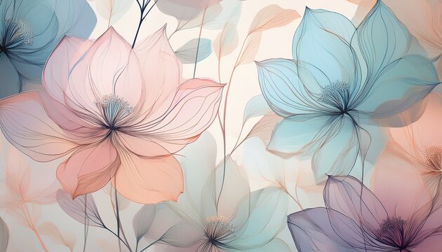 a beautiful floral pattern with translucent flowers in soft pastel colors
