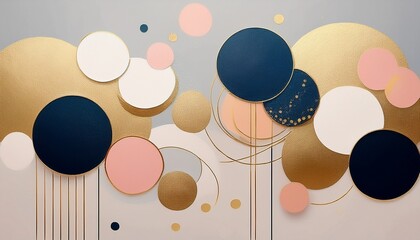 abstract art with gold navy pink and white circles on a neutral background