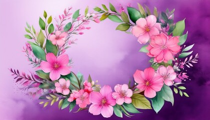 watercolor floral wreath with pink flowers and green leaves on a lilac background