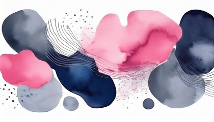 abstract watercolor shapes in pink gray and navy blue on a white background