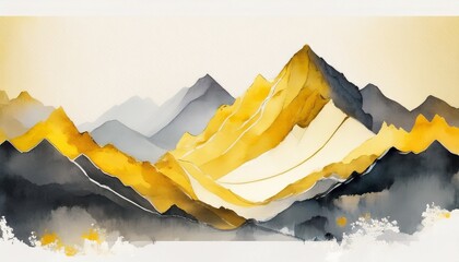abstract watercolor landscape of mountains in yellow and gray tones