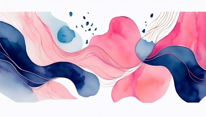 abstract watercolor shapes in pink and navy blue on a white background