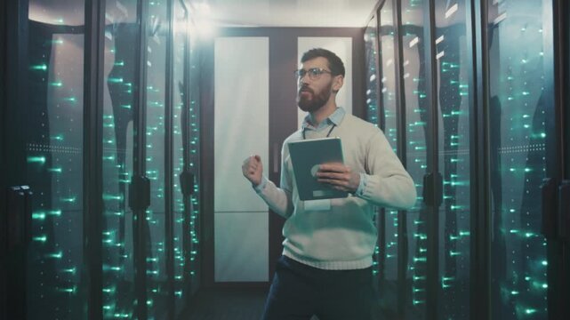 Server upgrade success celebration, System manager celebrates successful firmware installation with enthusiasm
