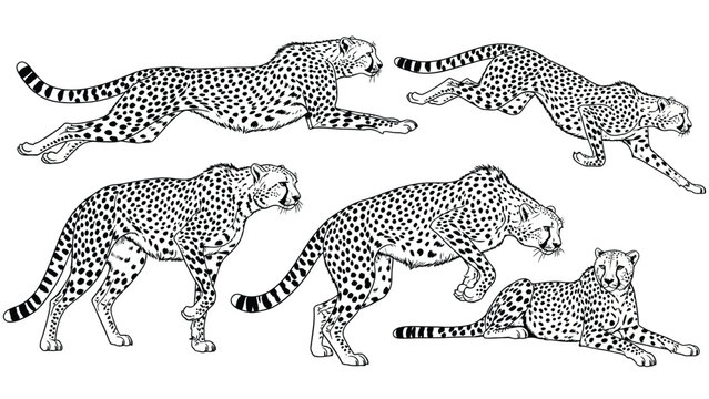 Illustrations of five cheetahs in various poses on a white background. The black and white sketches depict running, walking, crouching, and resting cheetahs.