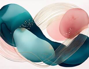 abstract watercolor shapes in teal navy and blush pink on a white background