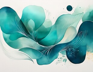 abstract watercolor shapes in teal and turquoise on a white background