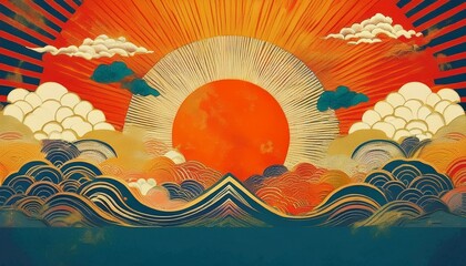 abstract japanese rising sun art with clouds and grunge texture