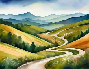 watercolor landscape of rolling hills mountains and a winding road