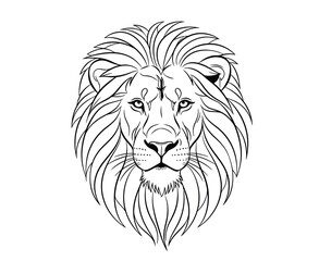 Fototapeta premium Stylized black and white line drawing of a lion's head. The design features intricate mane details and a serious, regal expression, symbolizing strength.
