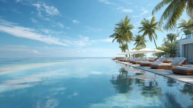 A serene infinity pool overlooking the ocean with palm trees and lounge chairs
