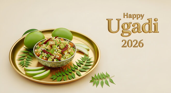 Happy ugadi text gold bowl mango slice neem leaf flower curry dish food meal festival celebration hindu culture tradition light background