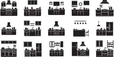 Fototapeta premium Various kitchen icons and utensils in black silhouette style