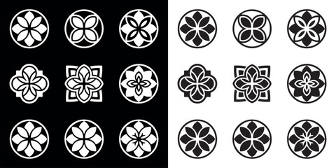 Geometric Quatrefoil Medallion Silhouette Icon Set for Architectural Decor, Patterns, and Logo Design; Black and White Minimalist Ornamental Motifs; EPS 10 Fully Editable Vector Illustration.