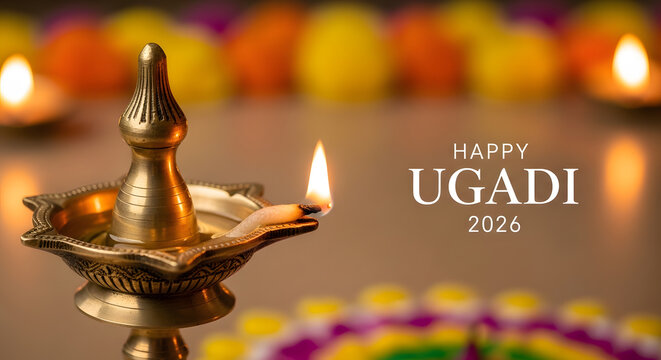 Happy ugadi 2026 message brass oil lamp diya flame light hindu new year festival tradition culture celebration ritual auspicious prayer worship religion wood