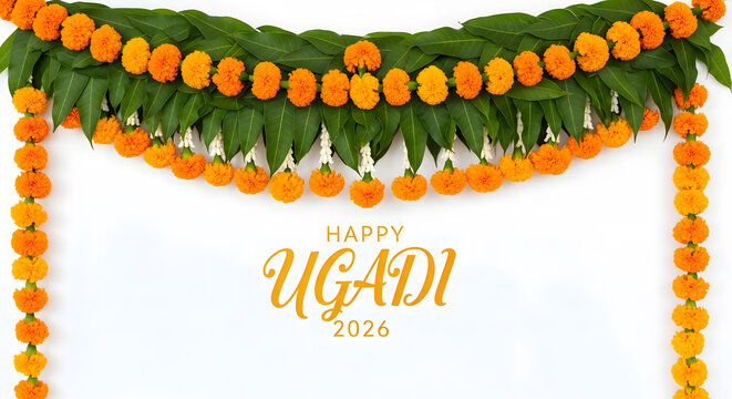 Happy ugadi 2026 greeting flower garland marigold mango leaf toran entrance hindu new year festival tradition culture celebration ritual ornament decoration white banner
