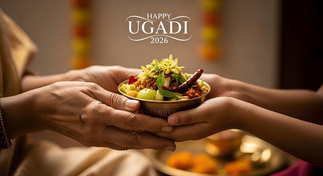 Traditional ugadi pachadi dish offering hand woman child bowl neem leaf jaggery mango hindu new year festival food culture ritual celebration health jewelry