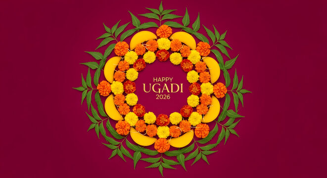 Happy ugadi 2026 red background floral rangoli marigold flower mango slice neem leaf hindu new year tradition culture celebration ritual decoration