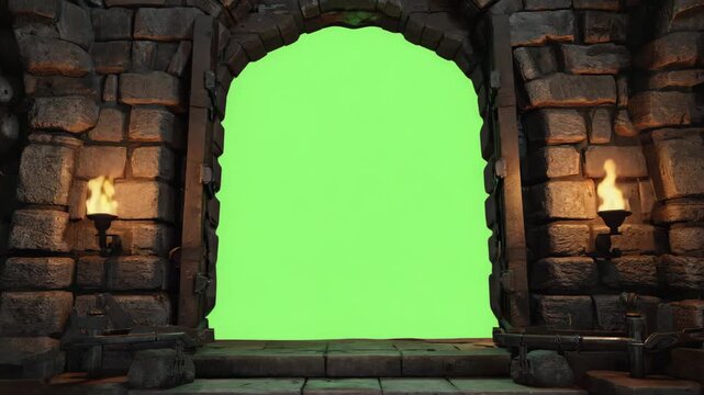 Medieval Castle Gate with Open Iron Door Animation on Green Screen Background