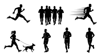Diverse group of people jogging and running in various dynamic poses, capturing action and healthy lifestyle