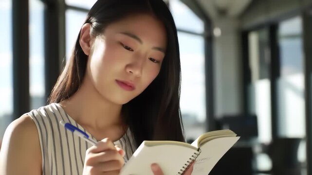 A focused young woman, with long dark hair, writes in a spiral-bound notebook held in her left hand with a blue pen in her right. Sunlight streams in from the side.