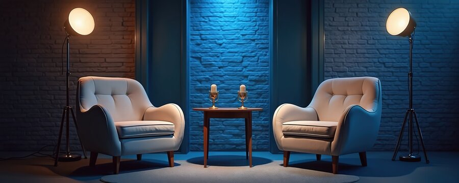 Two plush armchairs face across small table with vintage microphone. Studio lighting creates dramatic shadows, highlights. Ready for interview podcast recording session. Sophisticated ambiance.