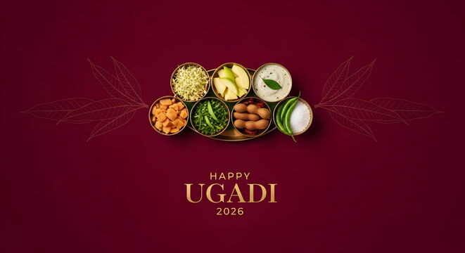 Happy Ugadi 2026 banner maroon background traditional food ingredient bowl mango jaggery neem flower tamarind chili salt