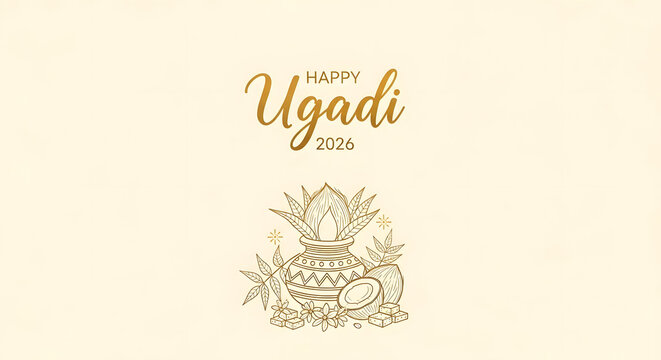 Minimalist Ugadi greeting card line art kalash pot coconut mango leaf jaggery neem flower cream paper texture