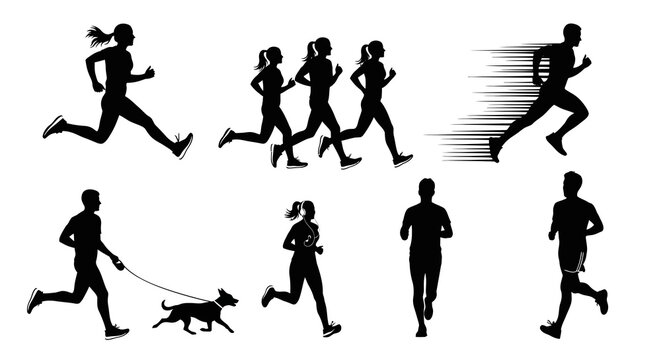 Set of running people silhouettes. various individuals and groups, including a woman, men, and a group of women sprinting. dynamic action. man with dog on leash. healthy active lifestyle vector.