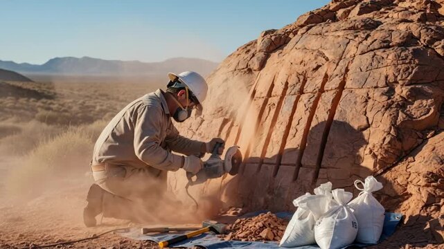 Technician performing precise channel sampling by cutting narrow trenches in a mineralrich outcrop for analysis.