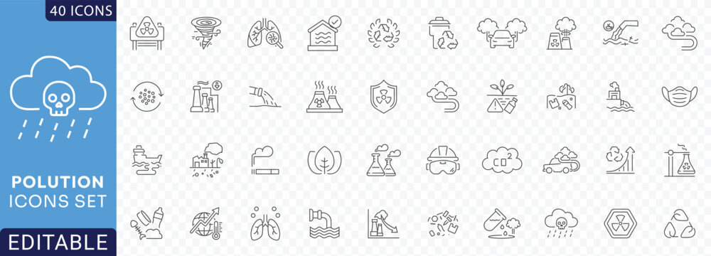 Pollution Line Editable Icons set. Containing Air Pollution, water Pollution, microplastic, trash, gas, toxic Etc. Fully Editable. Vector illustration.