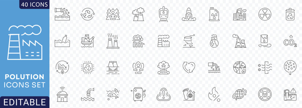 Pollution Line Editable Icons set. Containing Air Pollution, water Pollution, microplastic, trash, gas, toxic Etc. Fully Editable. Vector illustration.