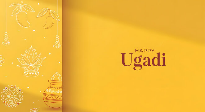 Happy Ugadi greeting card yellow background mango leaf kalash pot pattern design simple elegant banner space