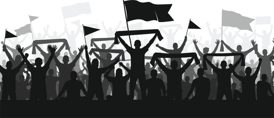 Excited cheering crowd silhouette with waving flags and banners, sports supporters celebration scene, football stadium atmosphere, fan unity concept, monochrome vector illustration ©  Hossain Creative