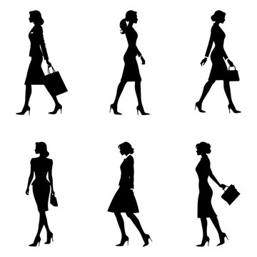 Business women walking silhouettes corporate outfits side view vector for career coaching branding professional services marketing and workplace visuals