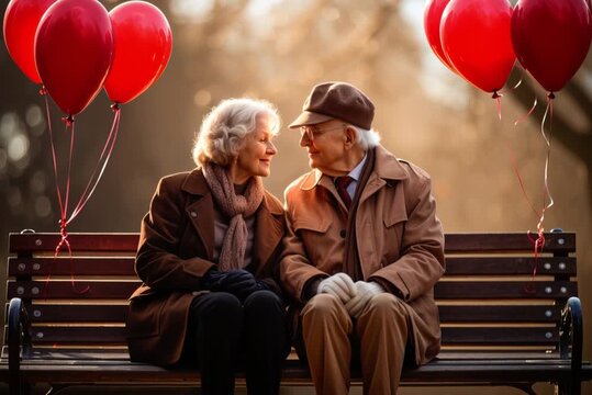 Senior couple sitting on a bench on Valentine's Day and kissing each other