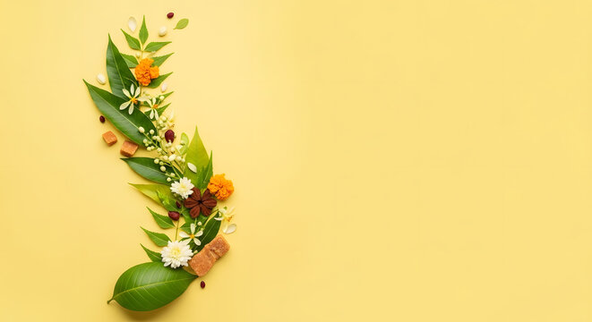 Ugadi festival vertical floral border yellow background neem leaf marigold flower jaggery piece spring season nature