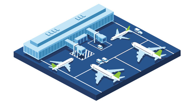 Isometric illustration of a modern airport with planes and terminal buildings
